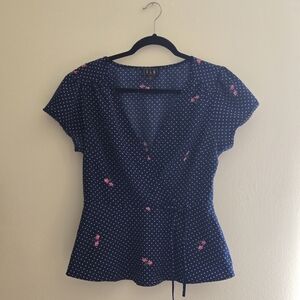 Lily Navy Wrap Blouse with Pink Floral Accents